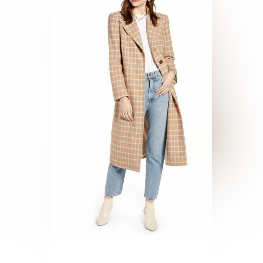 Women’s Something Navy Single Breasted Wool Blend Plaid Coat, size Large…